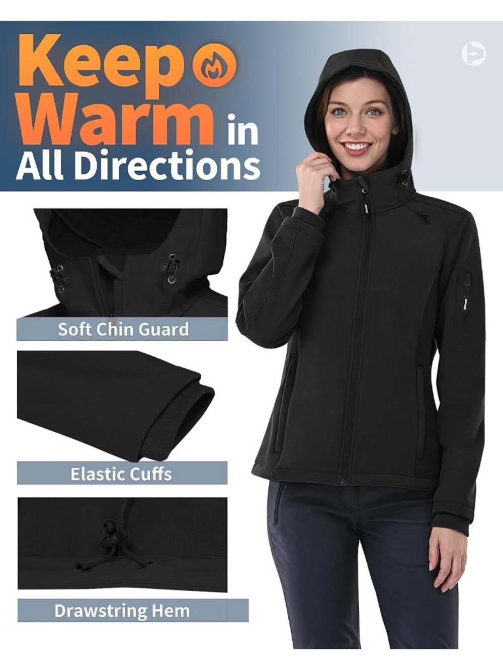 Women's Black Softshell Jacket Fleece Lined Breathable Waterproof Rain Coats - Picture 4 of 5